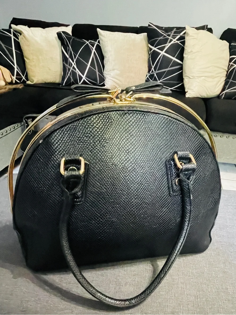 Elegant Black Dome Satchel with Gold Hardware